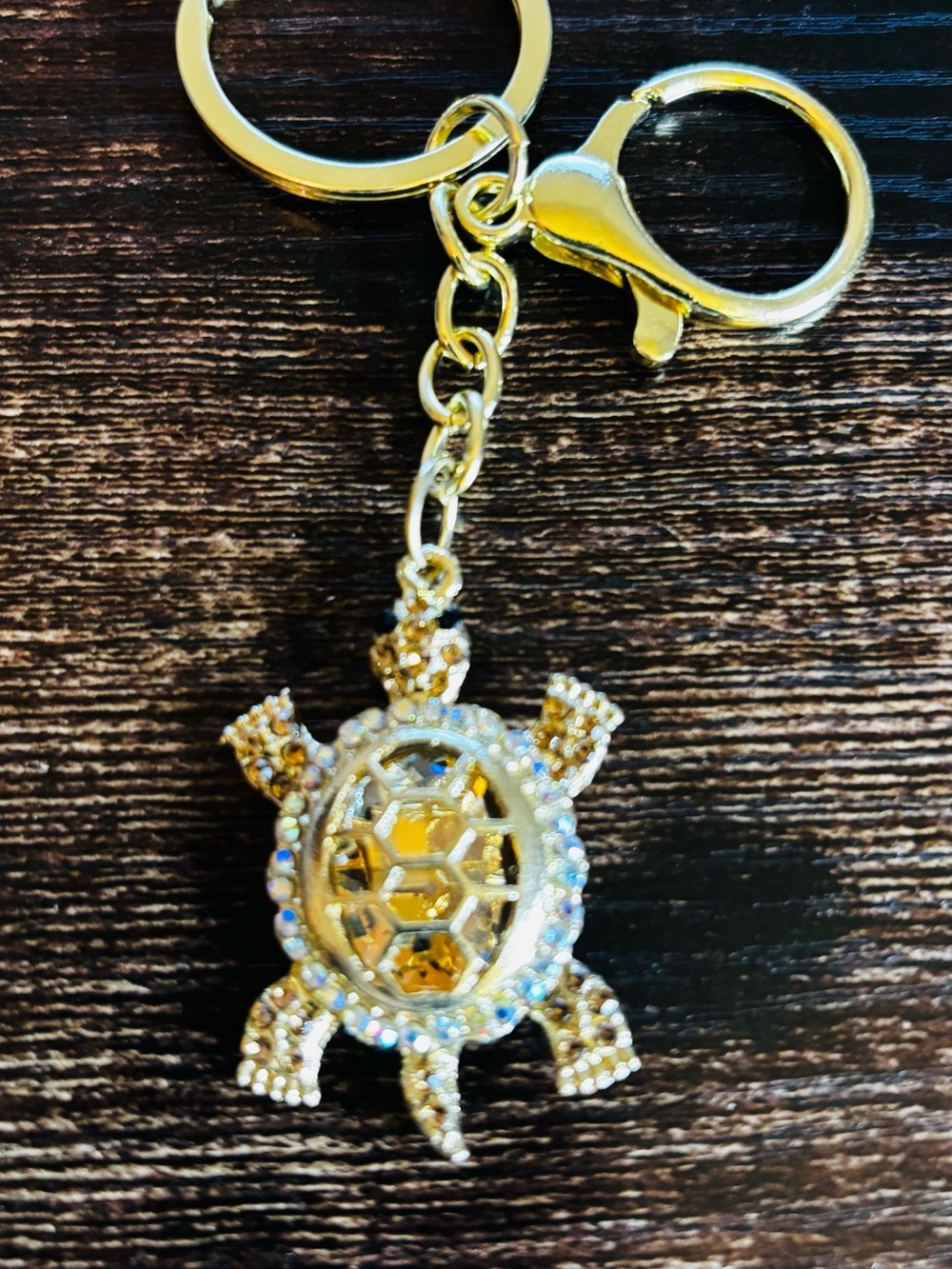 Gold Tone Rhinestone Crystal Turtle Keychain